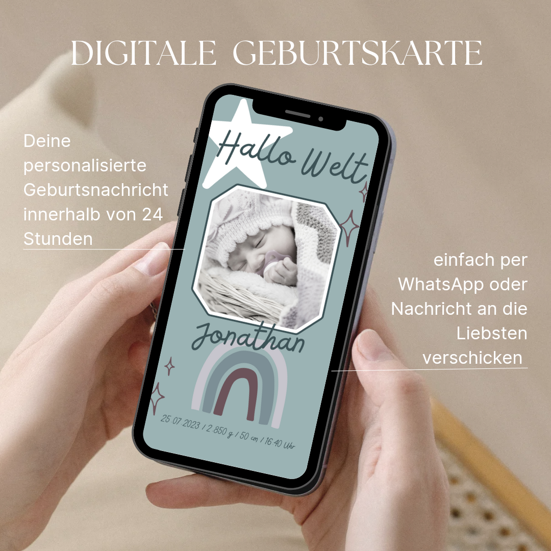 Digitale Geburtsverkündung, Geburtsanzeige, personalisierte Karte, Geburt, Download zum Versenden per Email oder WhatsApp mint Regenbogen