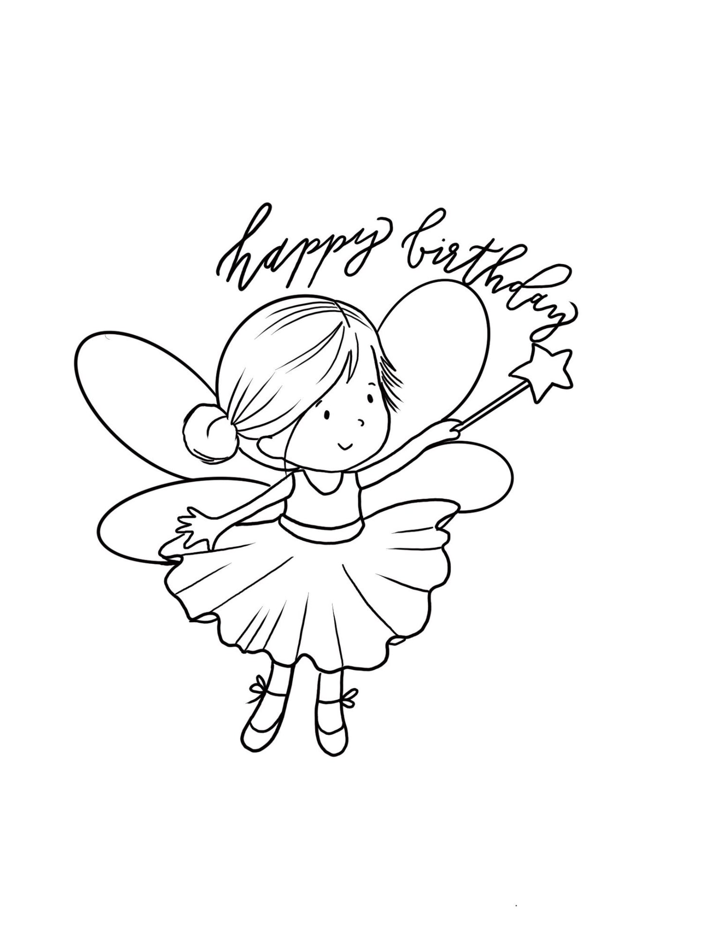 Ausmalbild Kinder Fee Happy Birthday - kostenloser Download