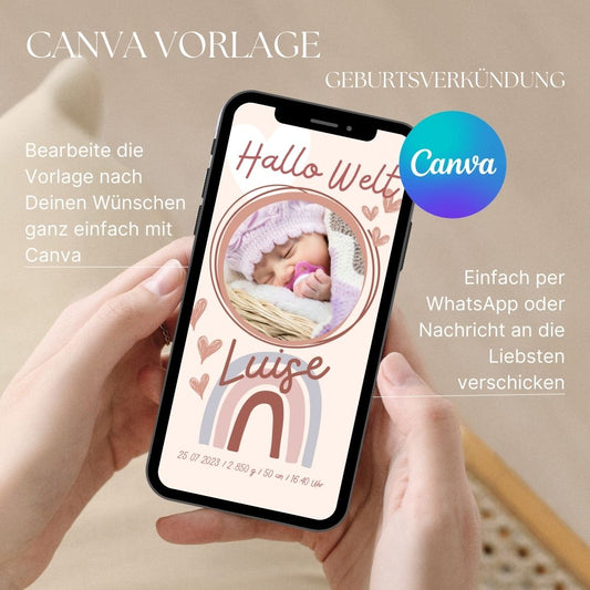 Canva Vorlage Geburtsverkündung, Download zum selber Anpassen in Canva