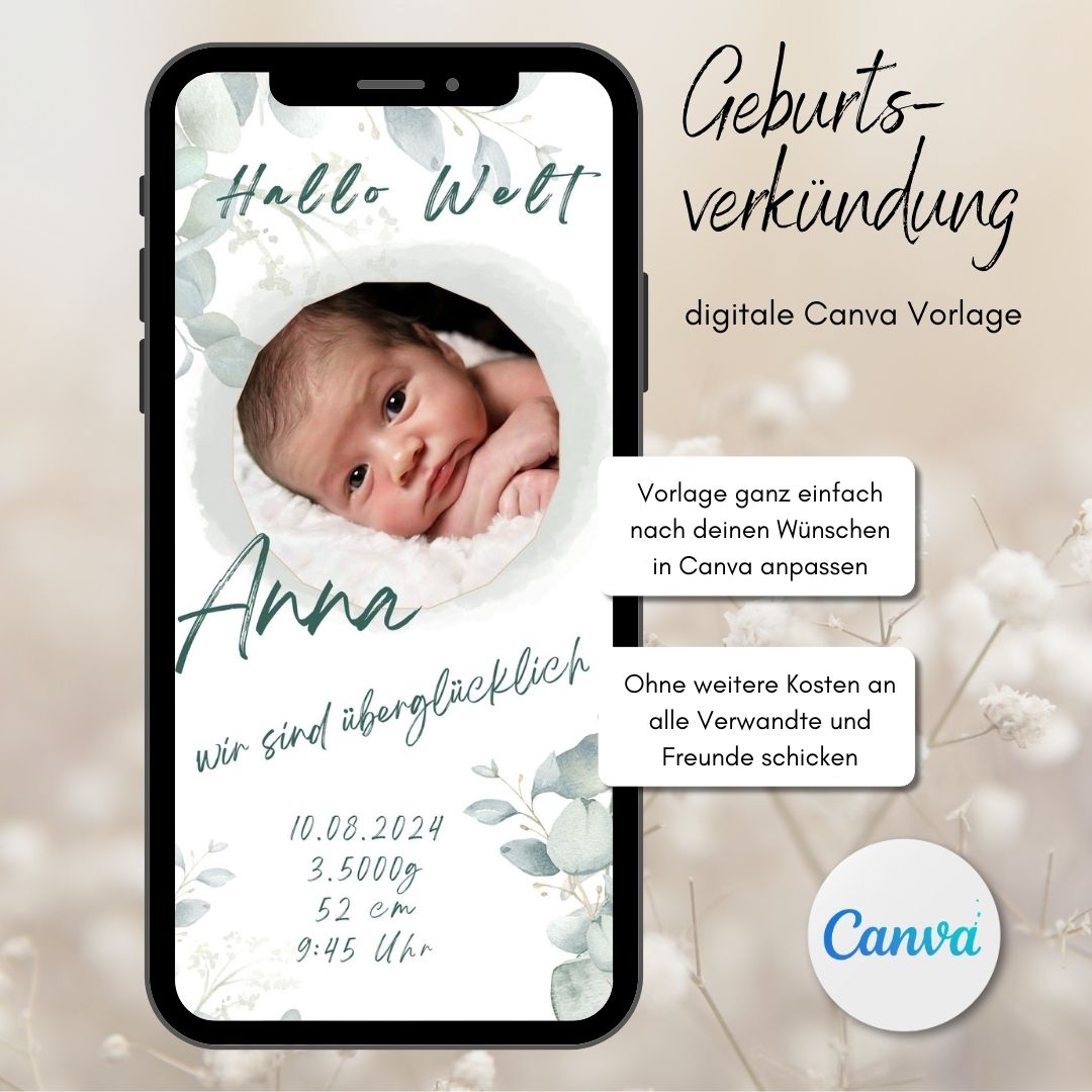 Canva Vorlage Geburtsverkündung, Download zum selber Anpassen in Canva