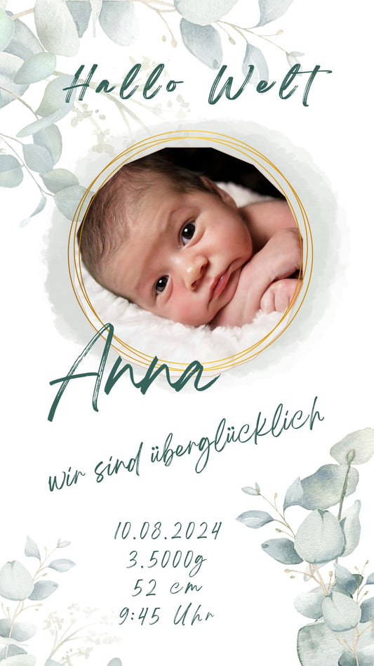 Digitale Geburtsverkündung, Geburtsanzeige, personalisierte Karte, Geburt, Download zum Versenden per Email oder WhatsApp Eukalyptus