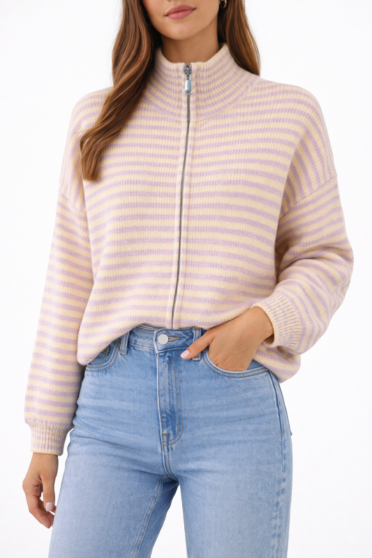 Strickjacke „Pastel Stripe Zip“ – Gelb/Rosé | One Size (tragbar ca. 36–42)