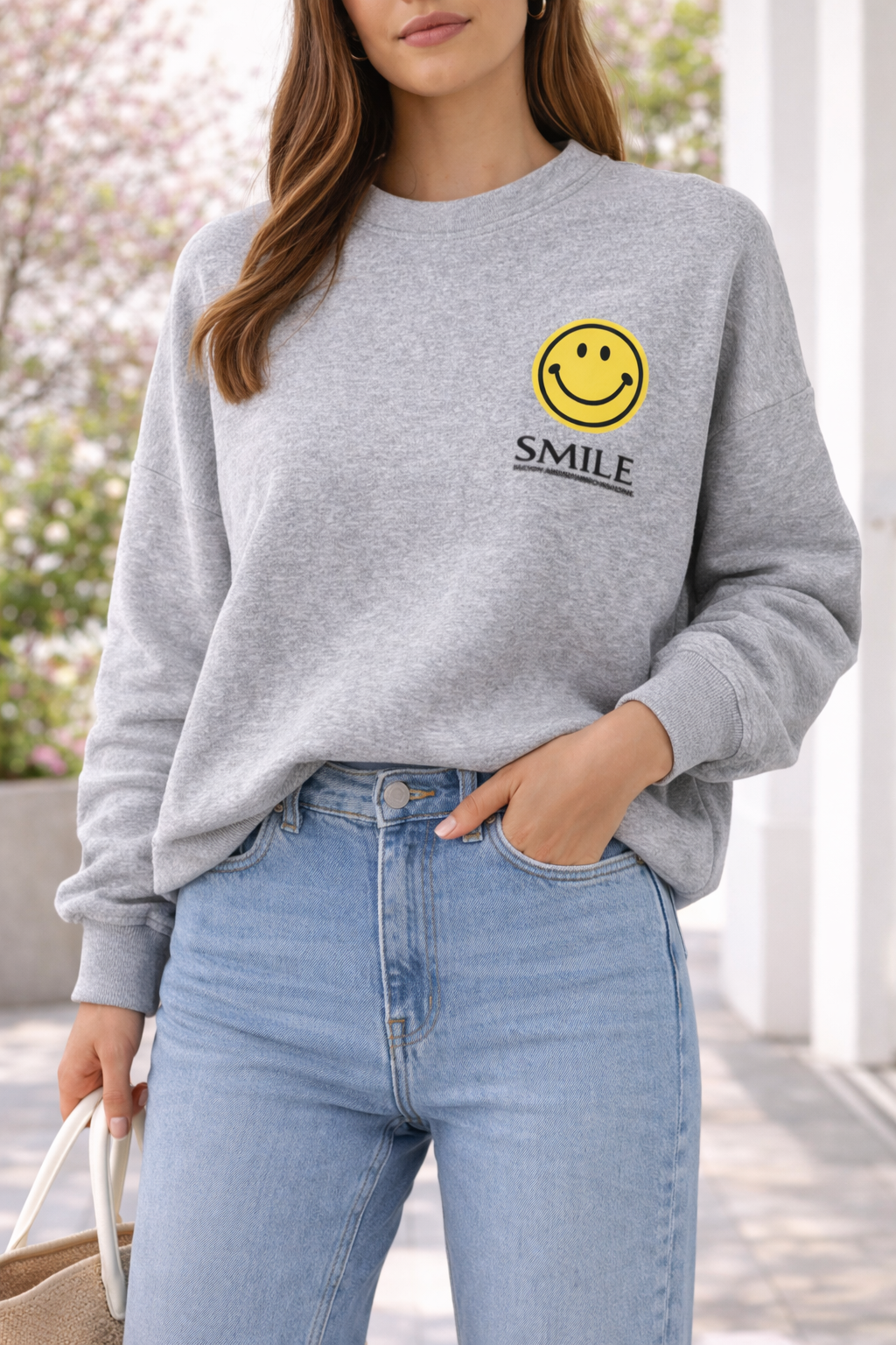 Oversize Sweatshirt „Smile Mood“ – grauOne Size (tragbar ca. 36–44)