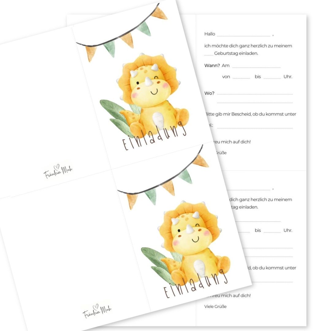 Einladung Dino Aquarell Kindergeburtstag zum Ausdrucken, Klappkarte hochkant - sofortiger Download