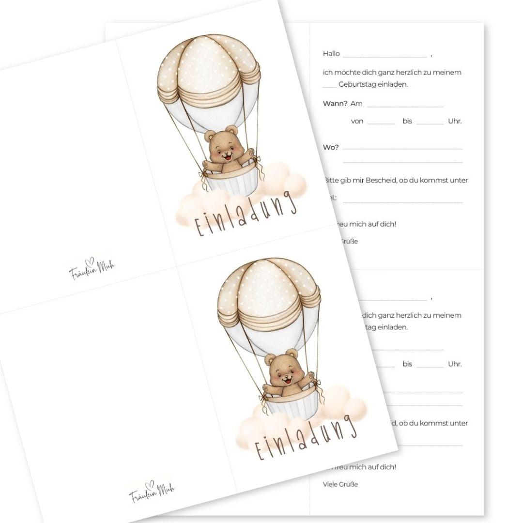 Heißluftballon Bär Einladung Kindergeburtstag zum Ausdrucken, Klappkarte hochkant - sofortiger Download