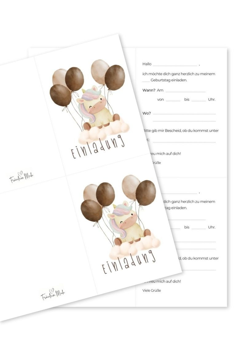 Einhorn Luftballons Einladung Kindergeburtstag zum Ausdrucken, Klappkarte hochkant - sofortiger Download