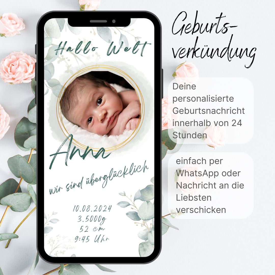 Digitale Geburtsverkündung, Geburtsanzeige, personalisierte Karte, Geburt, Download zum Versenden per Email oder WhatsApp Eukalyptus