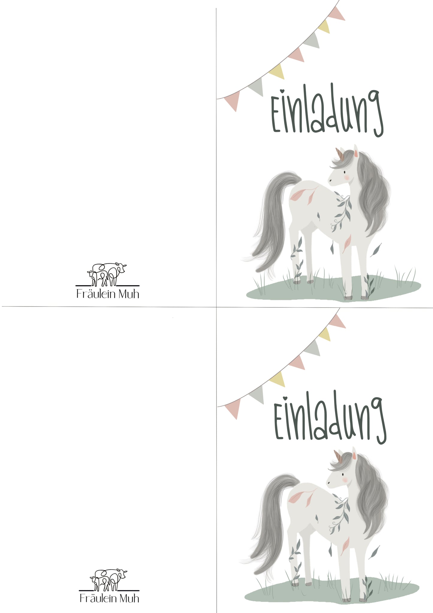 Einhorn - Einladung Kindergeburtstag zum Ausdrucken, Klappkarte hochkant - sofortiger Download