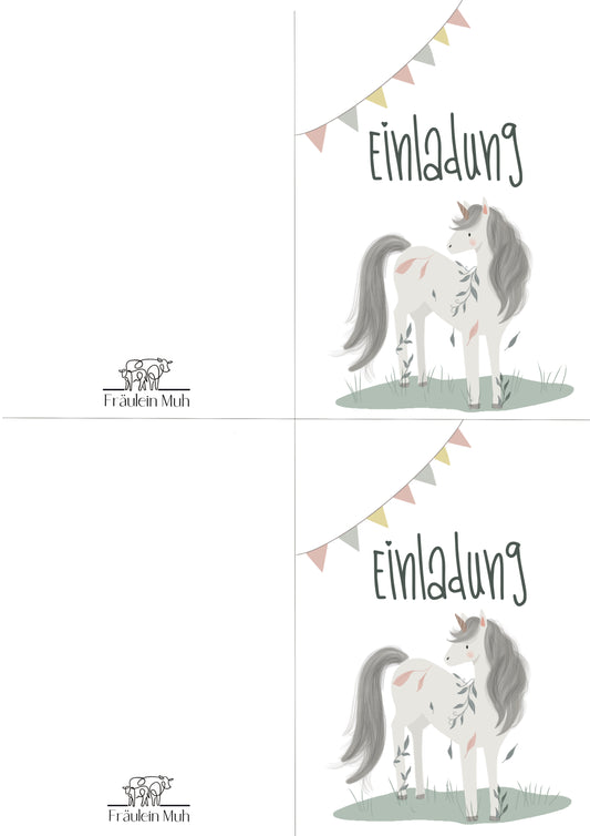Einhorn - Einladung Kindergeburtstag zum Ausdrucken, Klappkarte hochkant - sofortiger Download