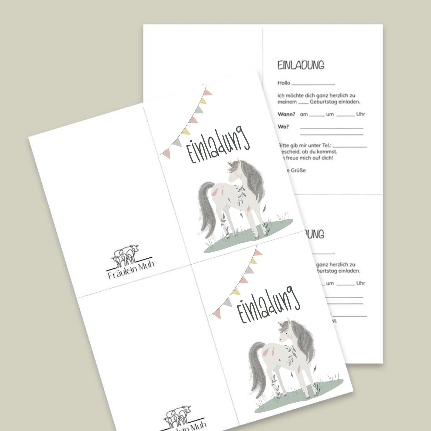 Einhorn - Einladung Kindergeburtstag zum Ausdrucken, Klappkarte hochkant - sofortiger Download
