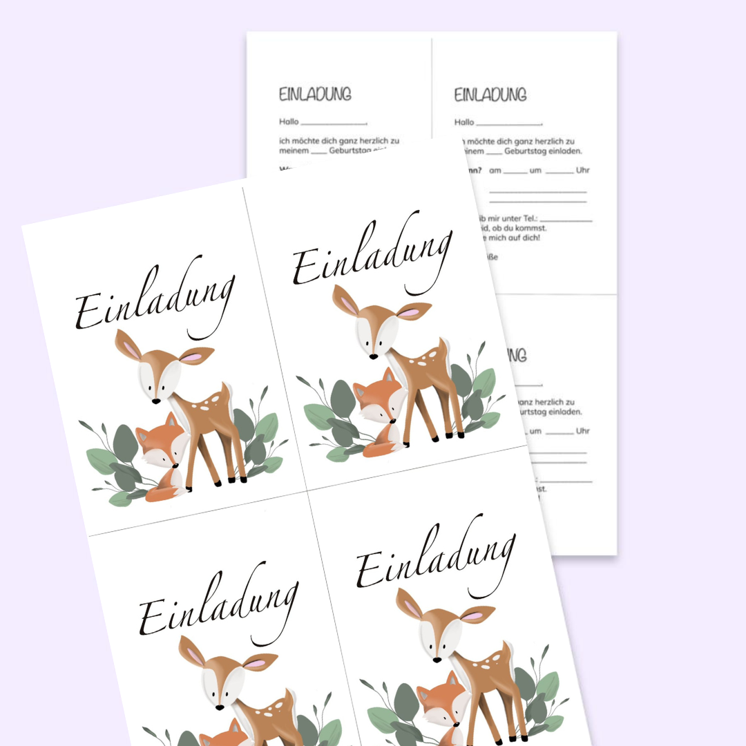 Reh und Fuchs - Einladung Kindergeburtstag, Download zum Ausdrucken