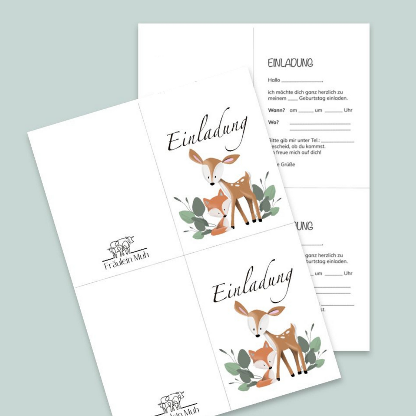 Reh und Fuchs - Einladung Kindergeburtstag, Download zum Ausdrucken