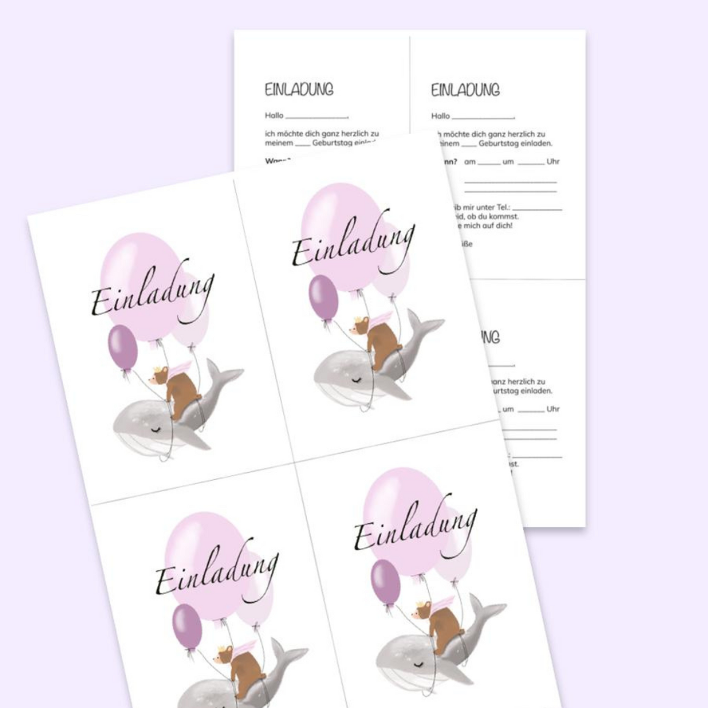 Wal und Bär - Einladung Kindergeburtstag zum Ausdrucken - sofortiger Download