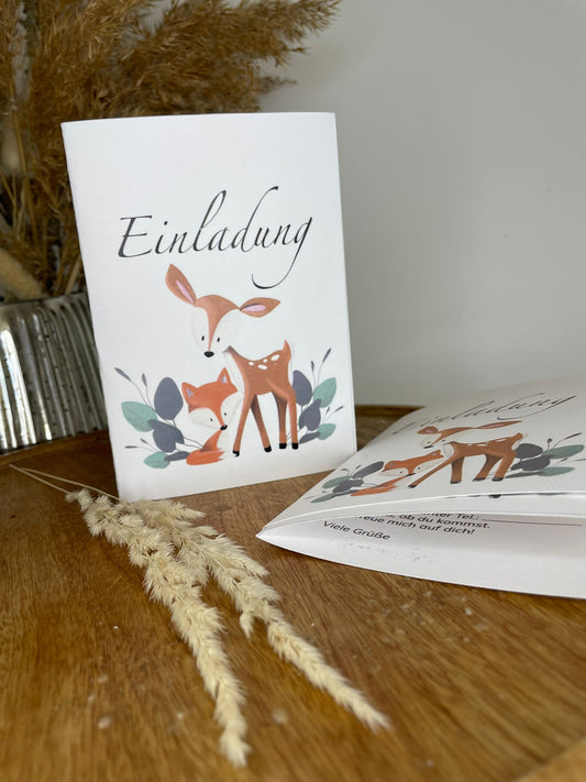 Reh und Fuchs - Einladung Kindergeburtstag, Download zum Ausdrucken