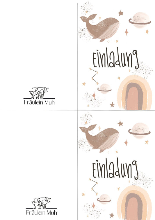 Wal Regenbogen Einladung Klappkarte hochkant, Kindergeburtstag zum Ausdrucken