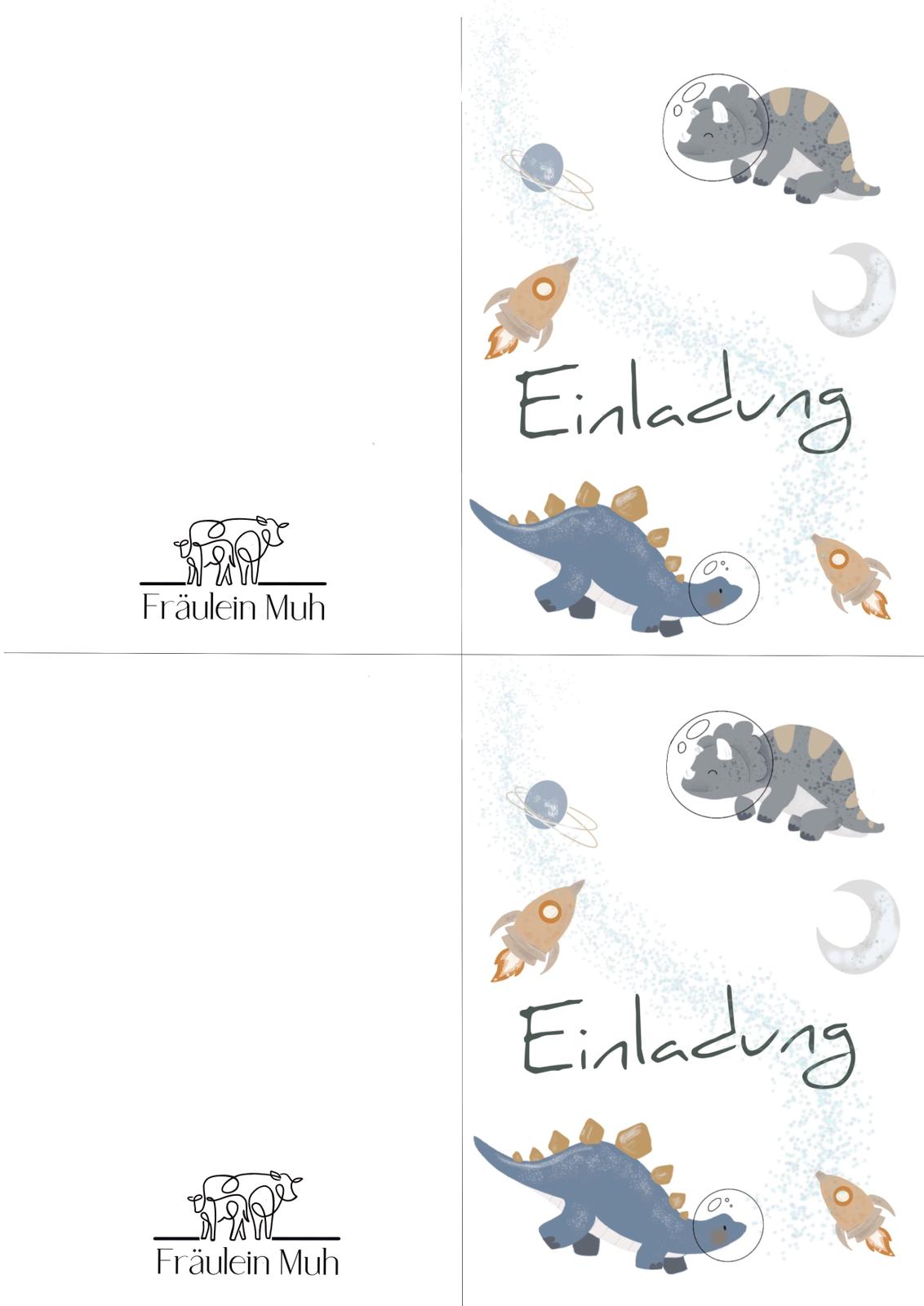 Weltraumdino - Einladung Kindergeburtstag, Klappkarte hochkant zum Ausdrucken - Download