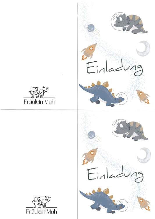 Weltraumdino - Einladung Kindergeburtstag, Klappkarte hochkant zum Ausdrucken - Download