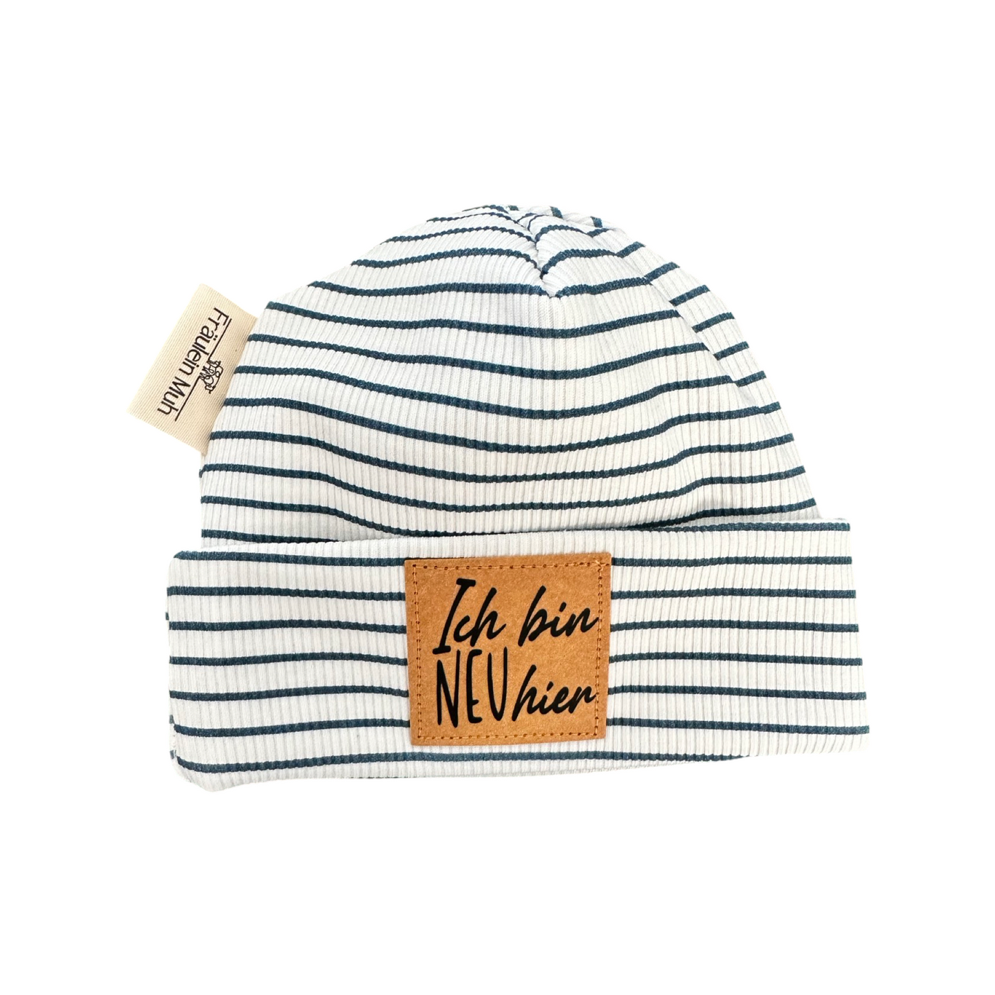 Newborn Mütze, streifen blau, ich bin neu hier