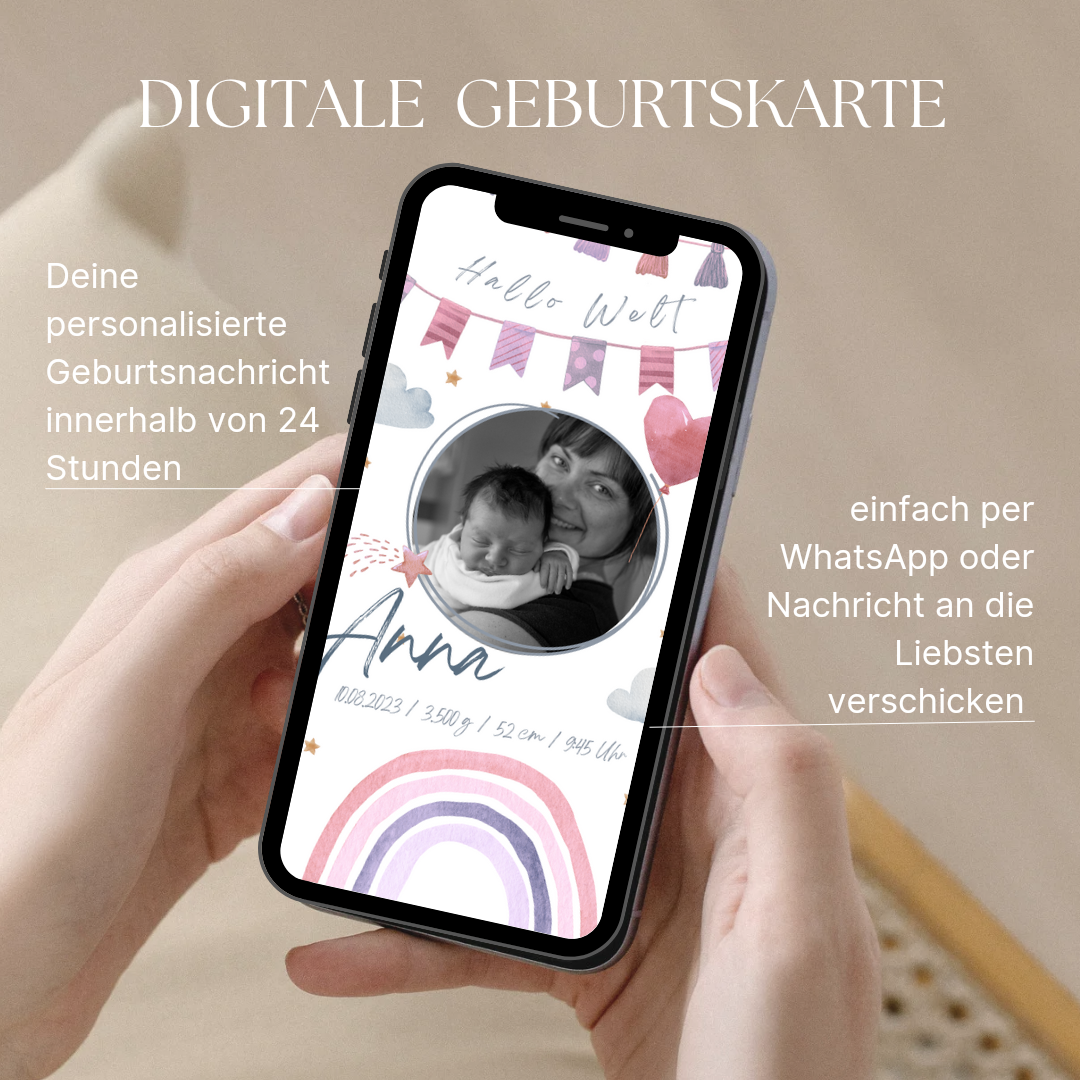 Digitale Geburtsverkündung, Geburtsanzeige, personalisierte Karte, Geburt, Download zum Versenden per Email oder WhatsApp rosa Regenbogen Herz