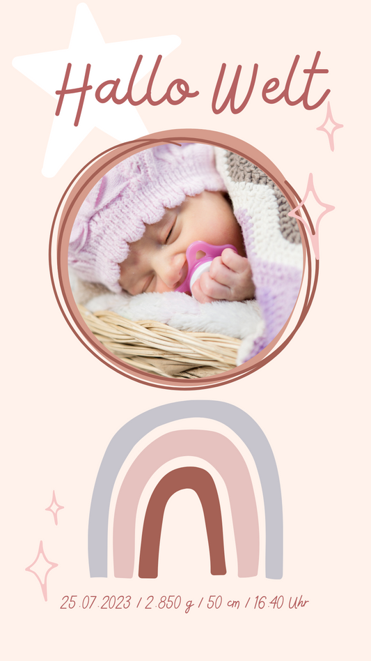 Digitale Geburtsverkündung, Geburtsanzeige, personalisierte Karte, Geburt, Download zum Versenden per Email oder WhatsApp rosa Regenbogen