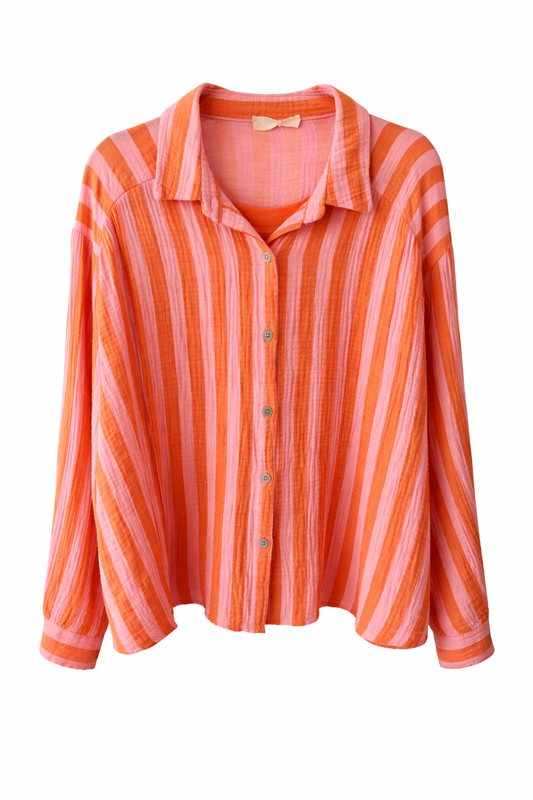 Musselin Bluse „Summer Stripe“ – Coral/Pink | One Size (tragbar ca. 36–42)