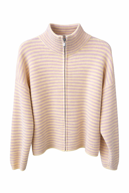 Strickjacke „Pastel Stripe Zip“ – Gelb/Rosé | One Size (tragbar ca. 36–42)