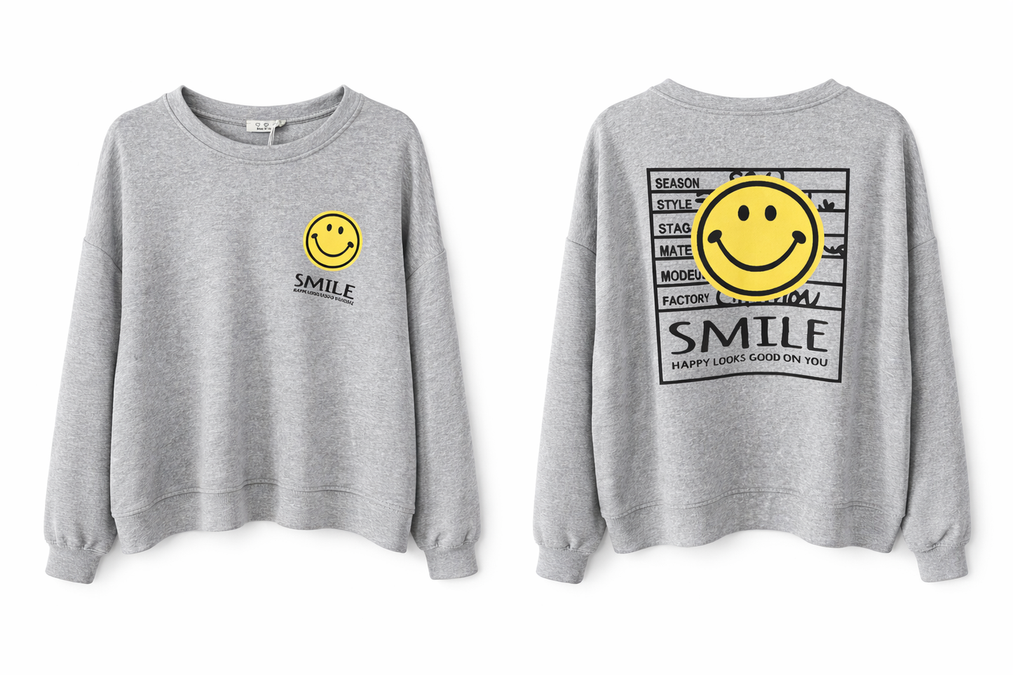 Oversize Sweatshirt „Smile Mood“ – grauOne Size (tragbar ca. 36–44)