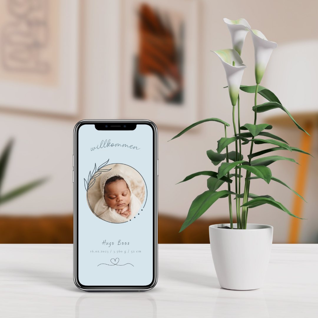 Digitale Geburtsverkündung, Geburtsanzeige, personalisierte Karte, Geburt, Download zum Versenden per Email oder WhatsApp blau