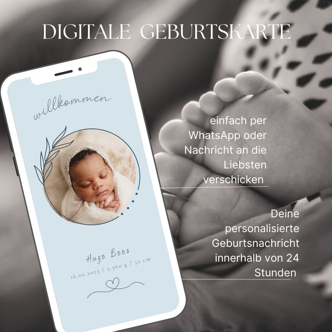 Digitale Geburtsverkündung, Geburtsanzeige, personalisierte Karte, Geburt, Download zum Versenden per Email oder WhatsApp blau